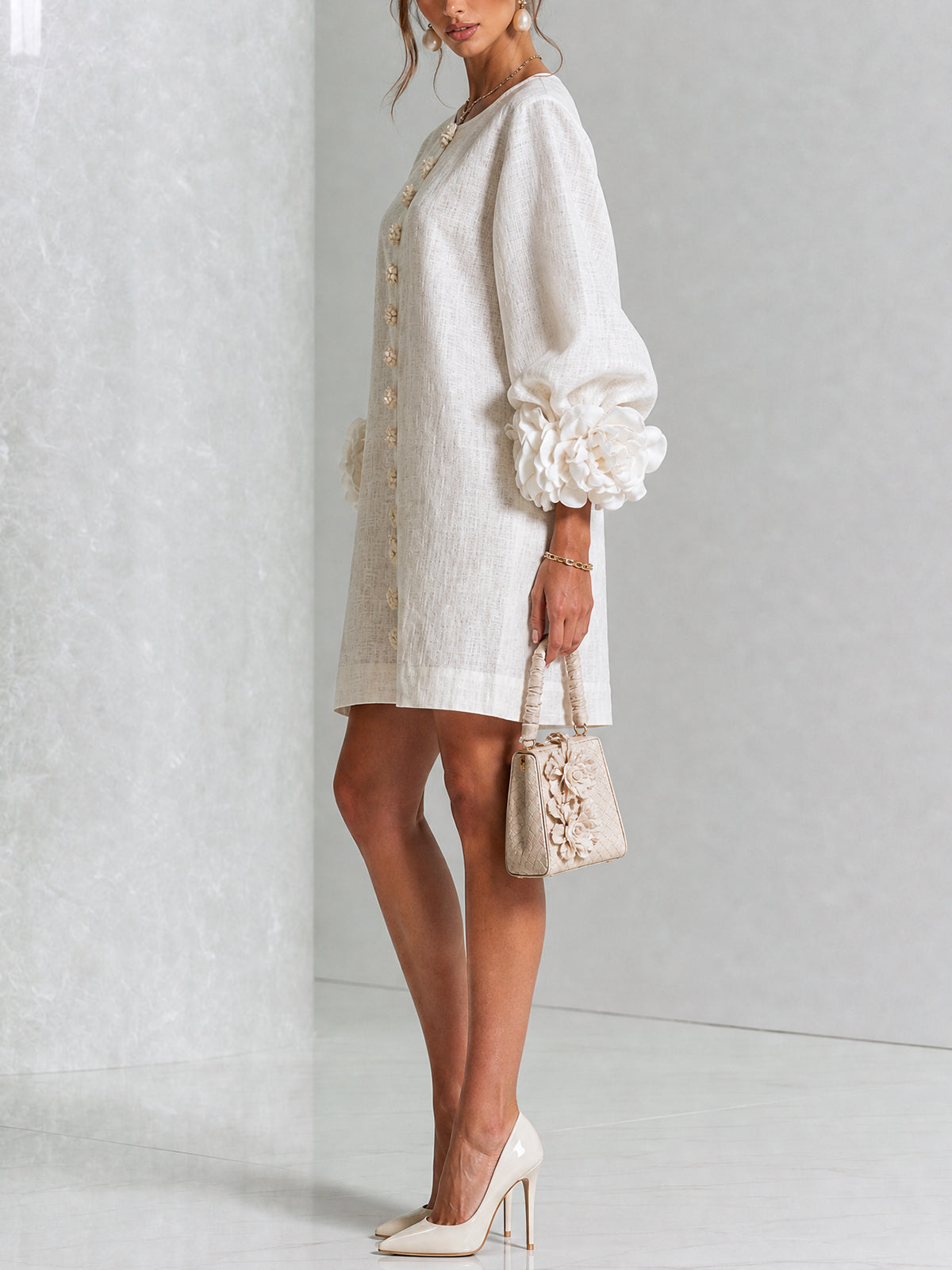 Robe-Chemise en Lin Mélangé à Manches Ornées de Rosettes