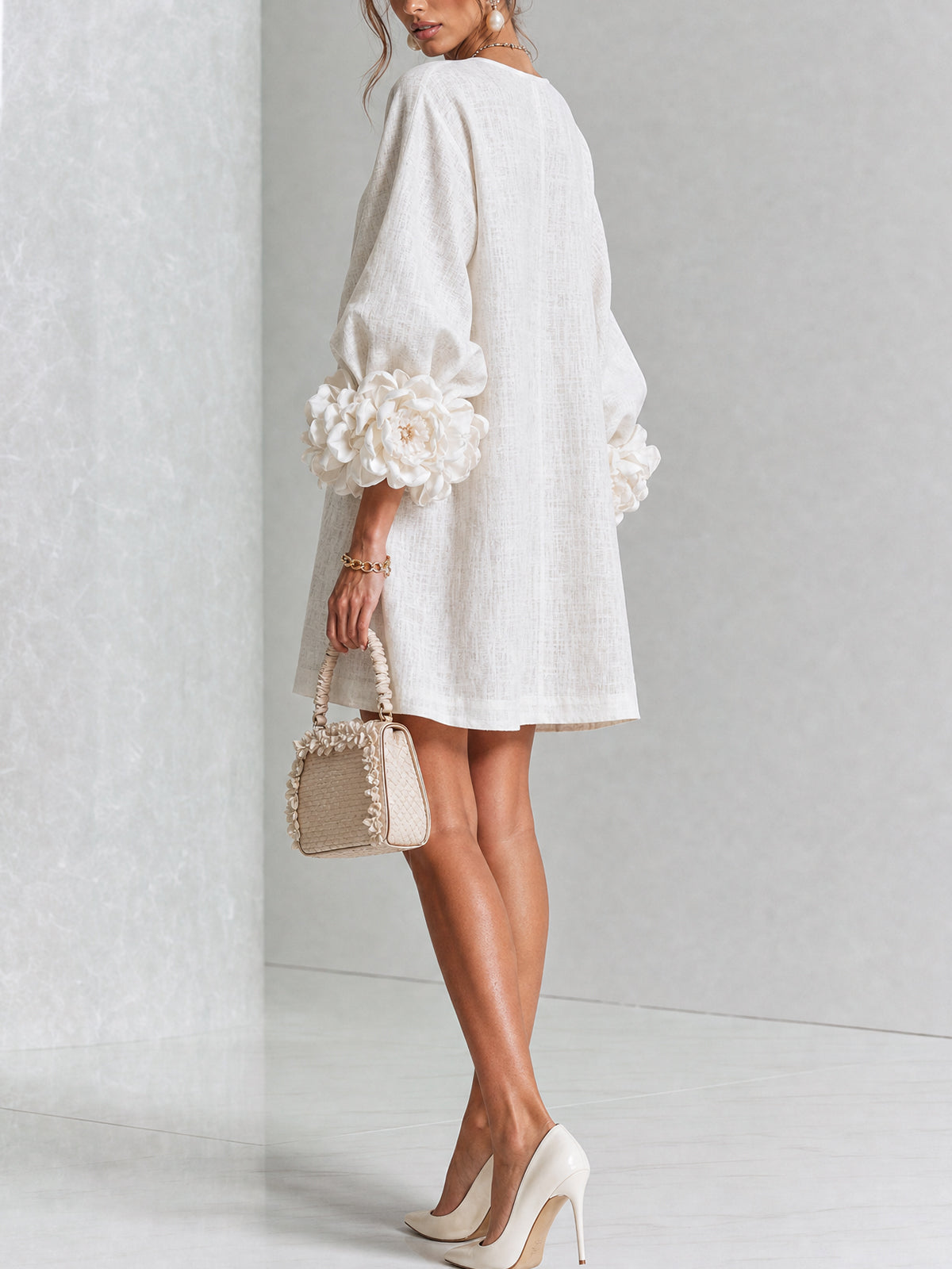 Robe-Chemise en Lin Mélangé à Manches Ornées de Rosettes
