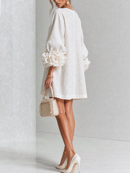 Robe-Chemise en Lin Mélangé à Manches Ornées de Rosettes