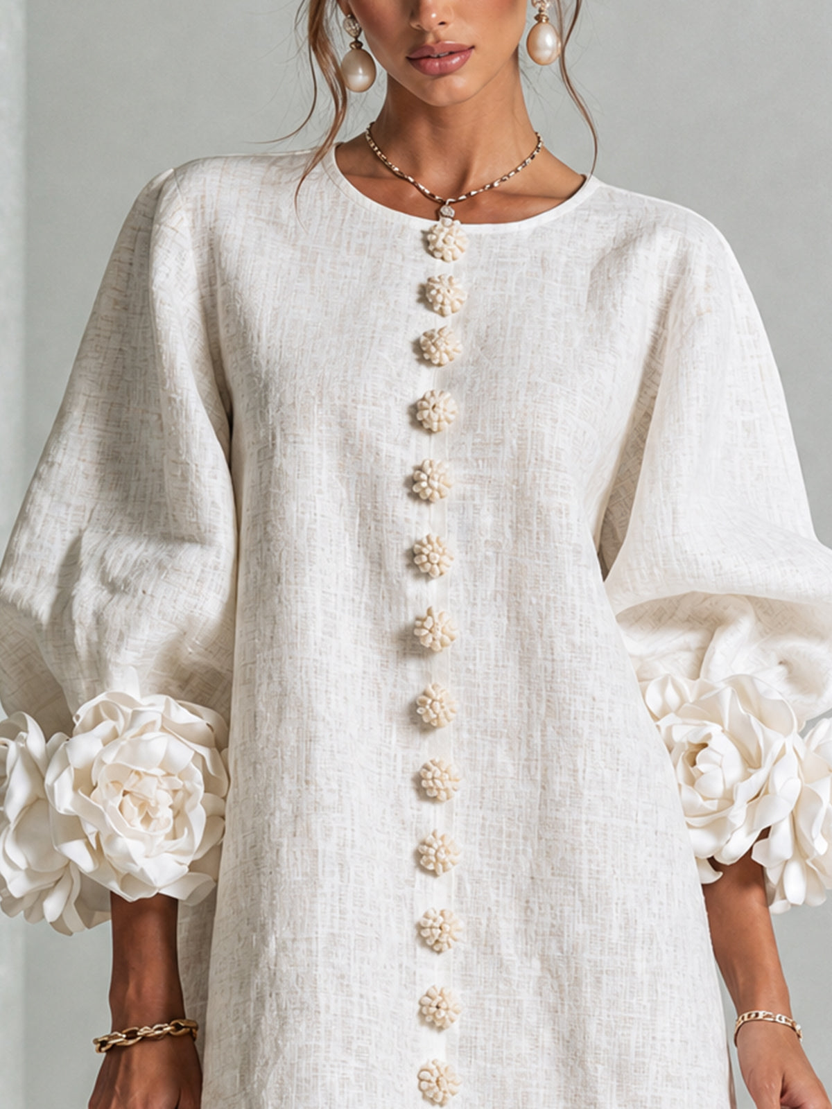 Robe-Chemise en Lin Mélangé à Manches Ornées de Rosettes