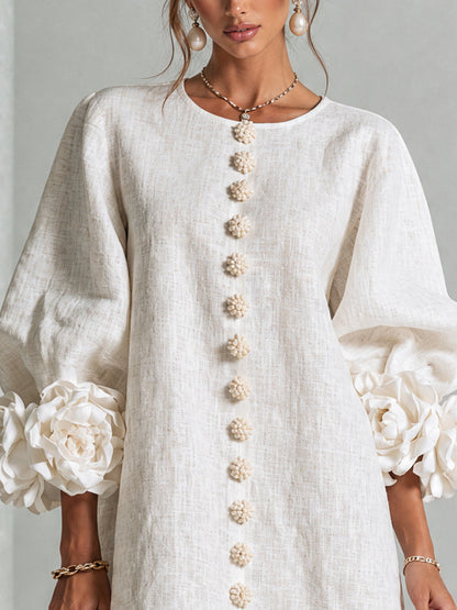 Robe-Chemise en Lin Mélangé à Manches Ornées de Rosettes