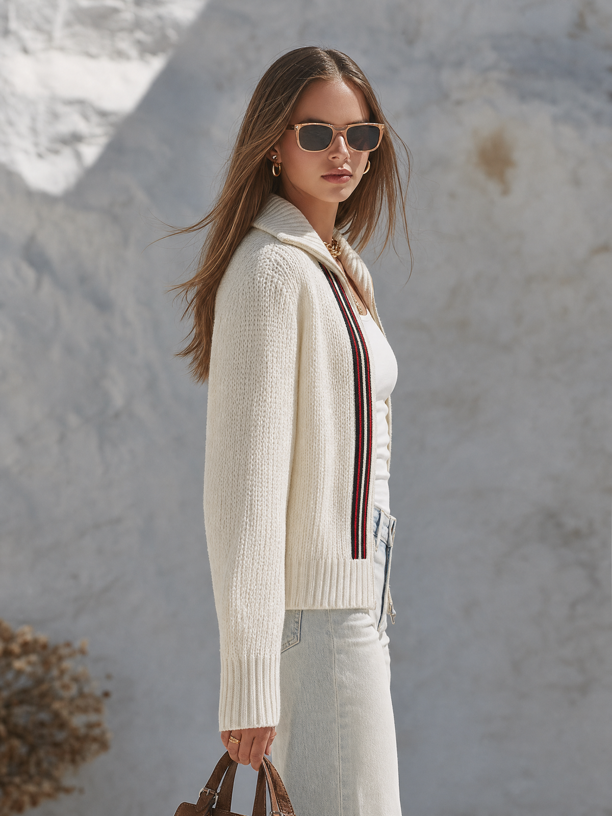 Veste en Tricot à Patte de Boutonnage Rayée