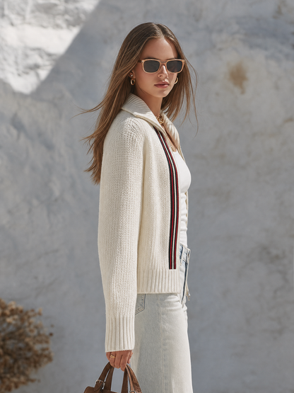 Veste en Tricot à Patte de Boutonnage Rayée