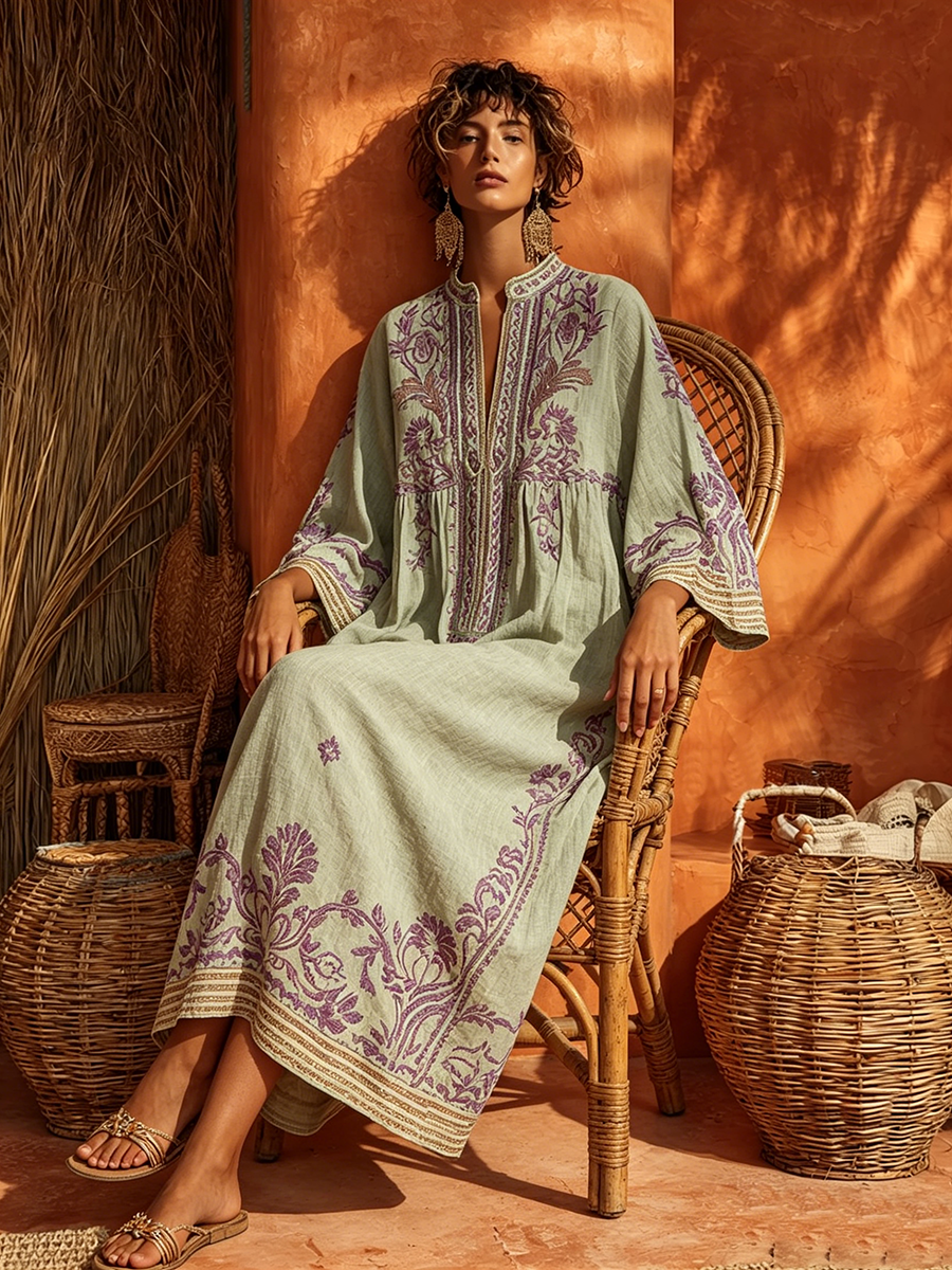 Robe Maxi Brodée à Motif Floral